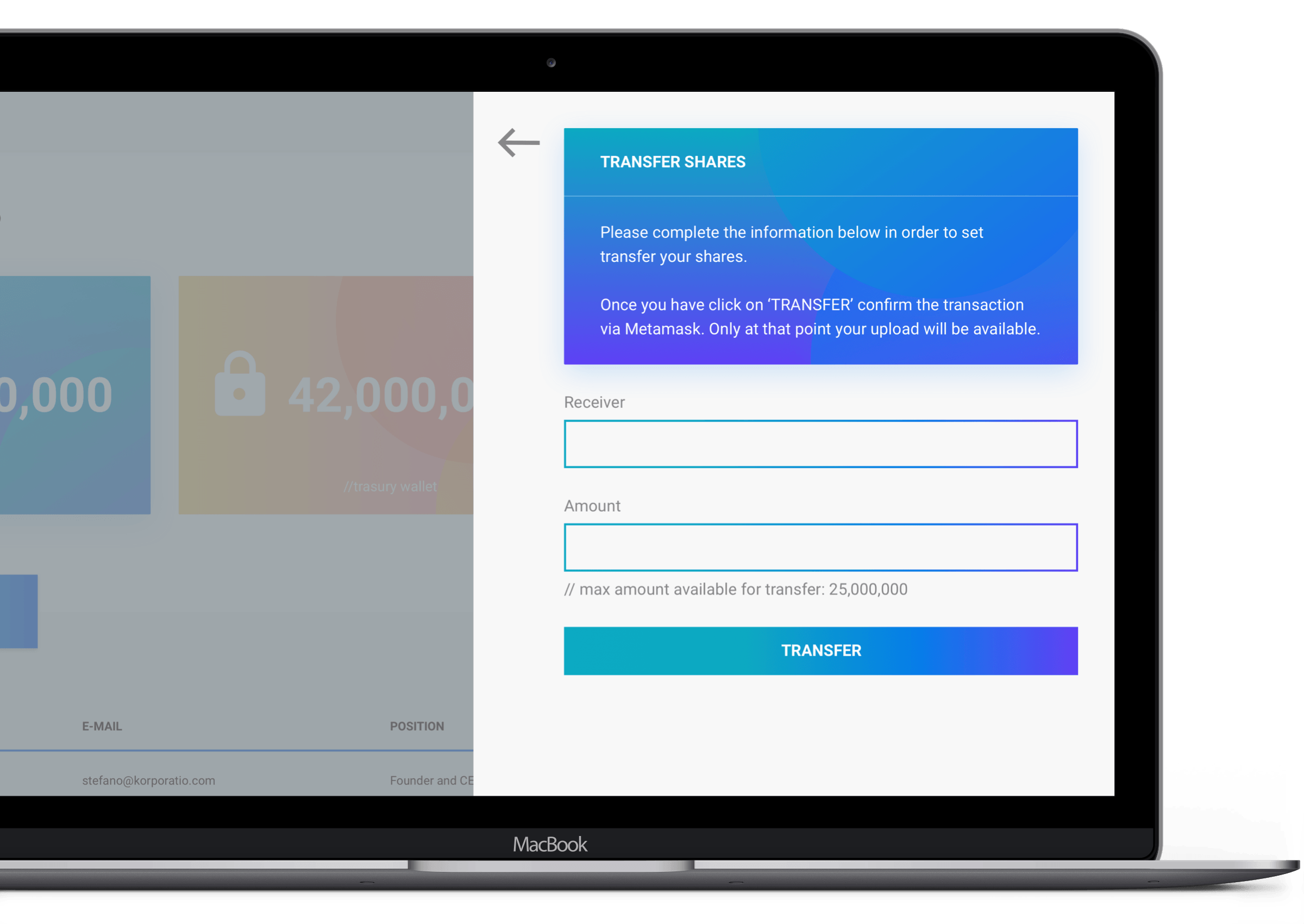 korporatio dashboard to transfer shares on the blockchain